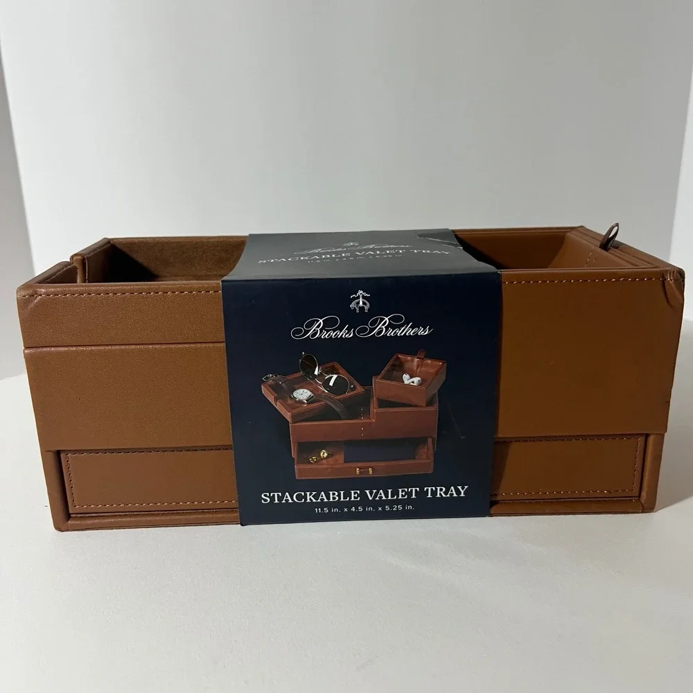 Brooks Brothers Stackable Valet Tray Cognac Brown Faux Leather New GF2617-BRA